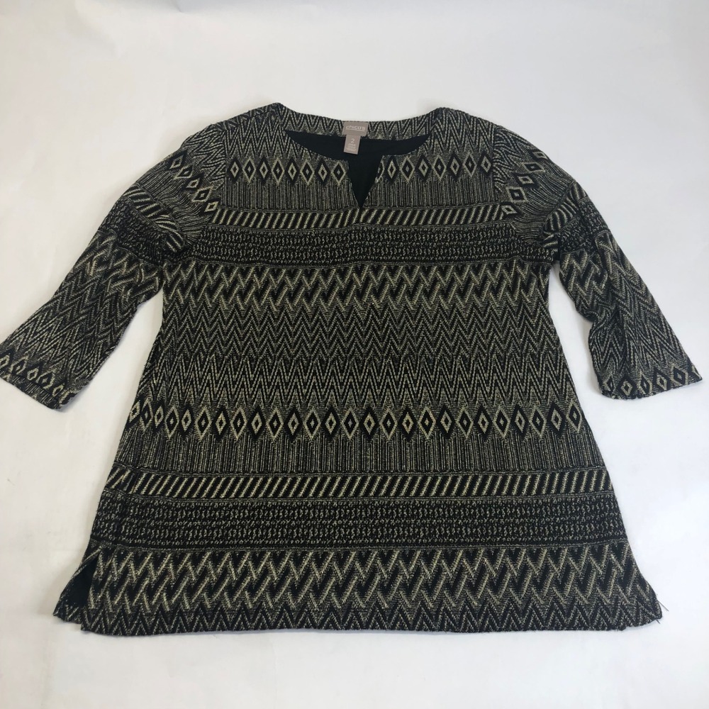 Chico's Tunic Dress Metallic Gold Black Geometric Print‎ 3/4 Sleeve Size 2